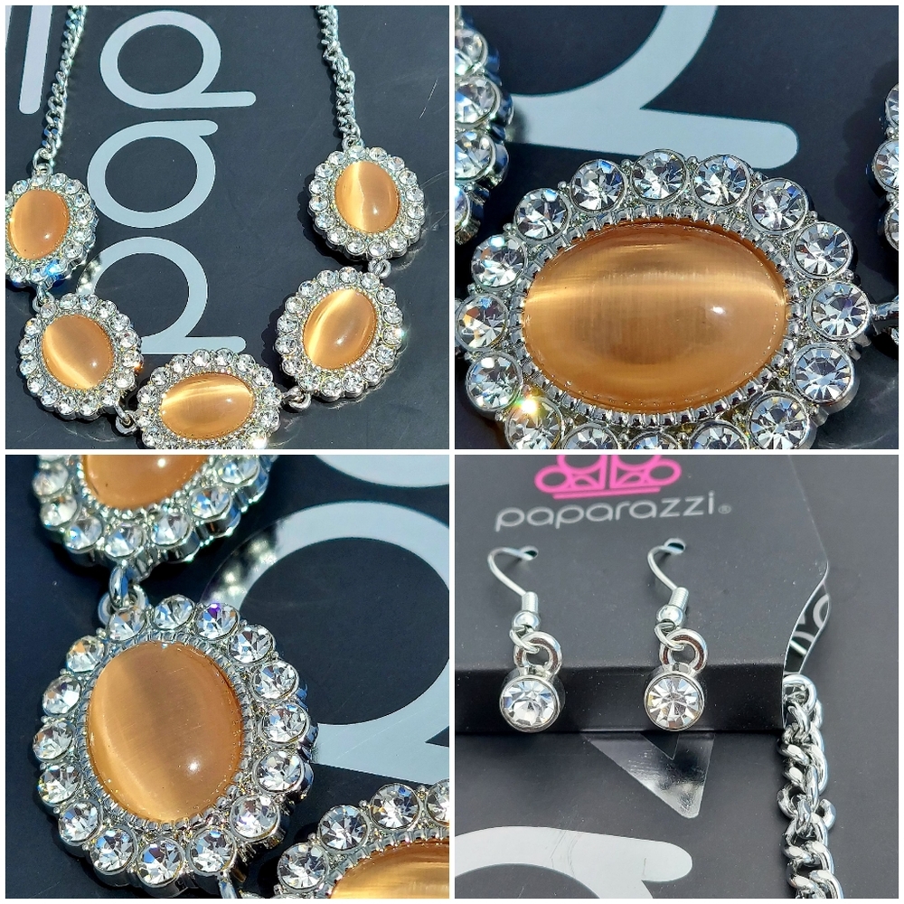 Golden cat's-eye necklace rhinestones earrings